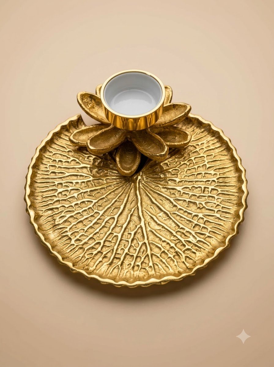Golden Leaf & Lotus Tealight Plate – Textured Vein Candle Holder