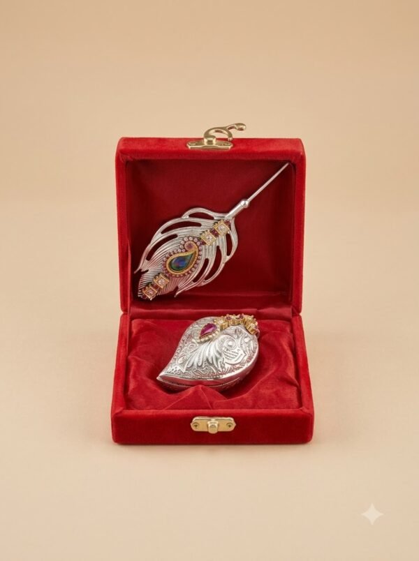 Mor Pankh Jeweled Set – Peacock Feather Pin with Gemstone Sindoor Box