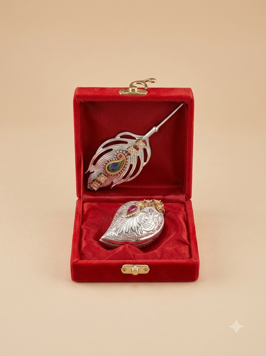 Mor Pankh Jeweled Set – Peacock Feather Pin with Gemstone Sindoor Box