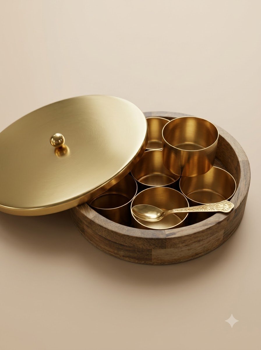 Spice Box Duo – Golden Compartment Masala Dabba with Lid