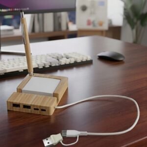 BambooHub Desk Organizer – USB Hub with Memo Pad & Pen Stand