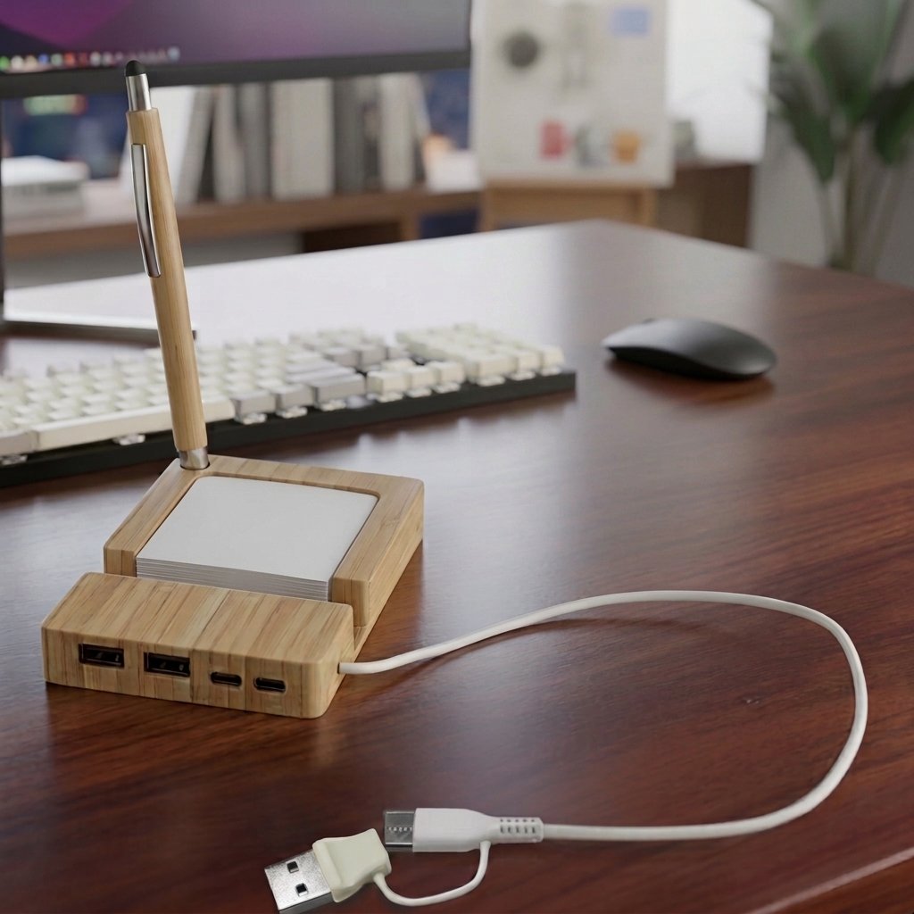 BambooHub Desk Organizer – USB Hub with Memo Pad & Pen Stand