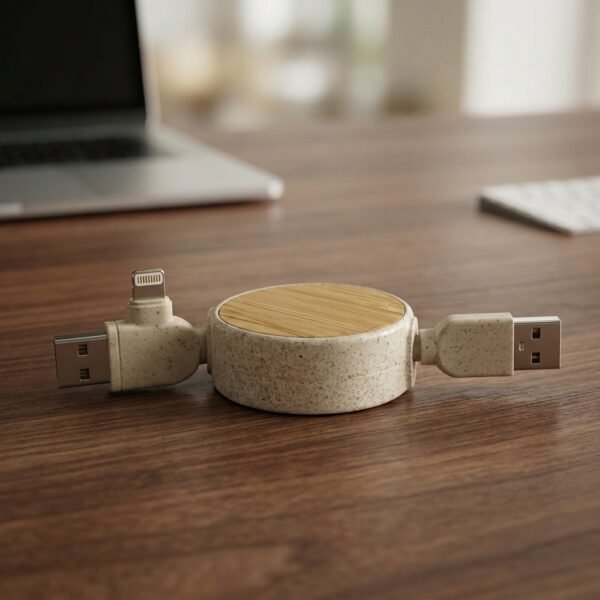 EcoCoil Retractable Multi-Charging Cable – Wheat Straw & Bamboo Cable Reel