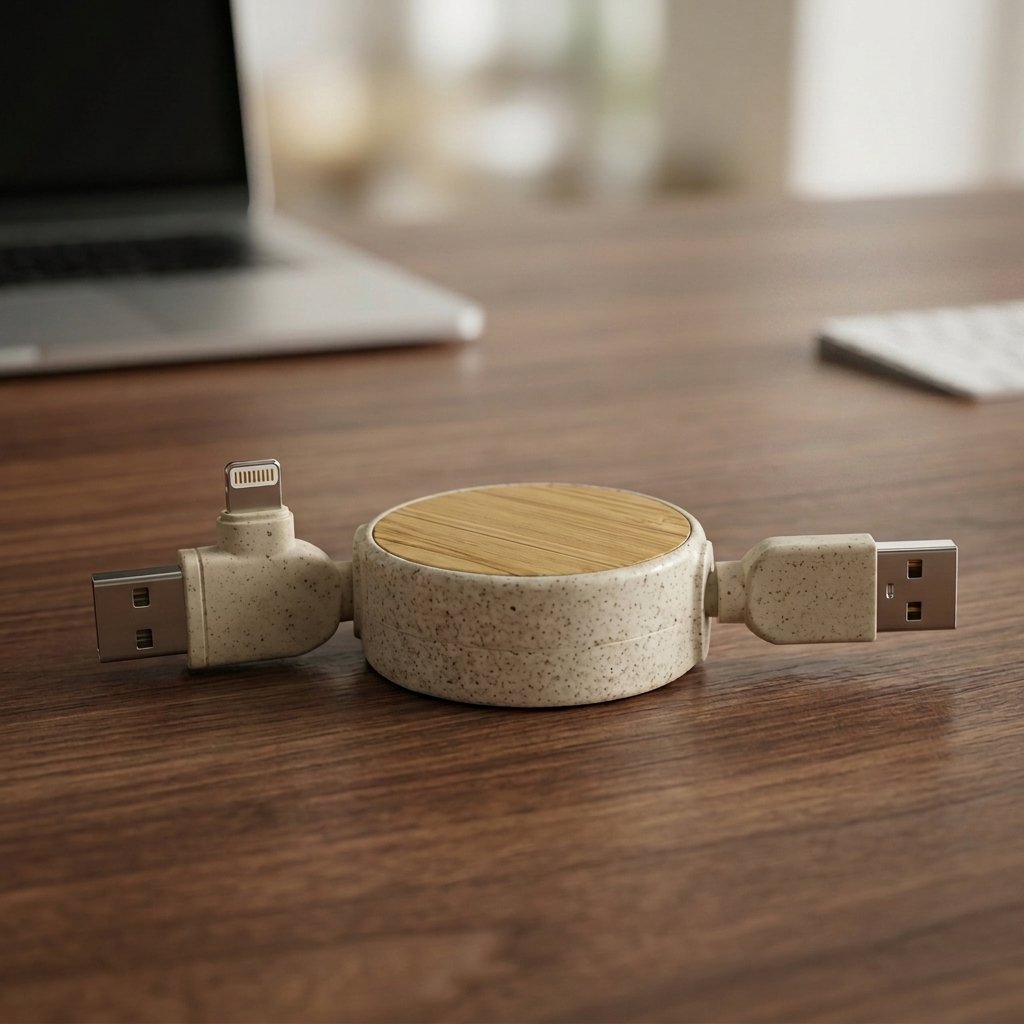 EcoCoil Retractable Multi-Charging Cable – Wheat Straw & Bamboo Cable Reel