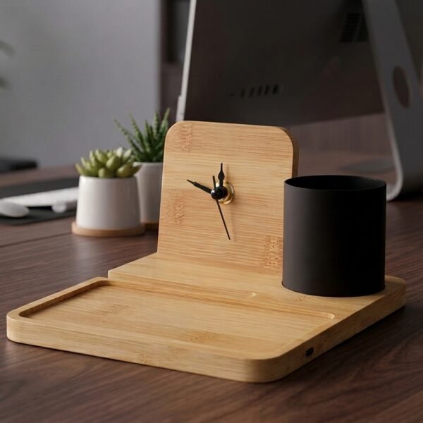 TimberTime Bamboo Desk Organizer – Clock, Pen Holder & Storage Tray