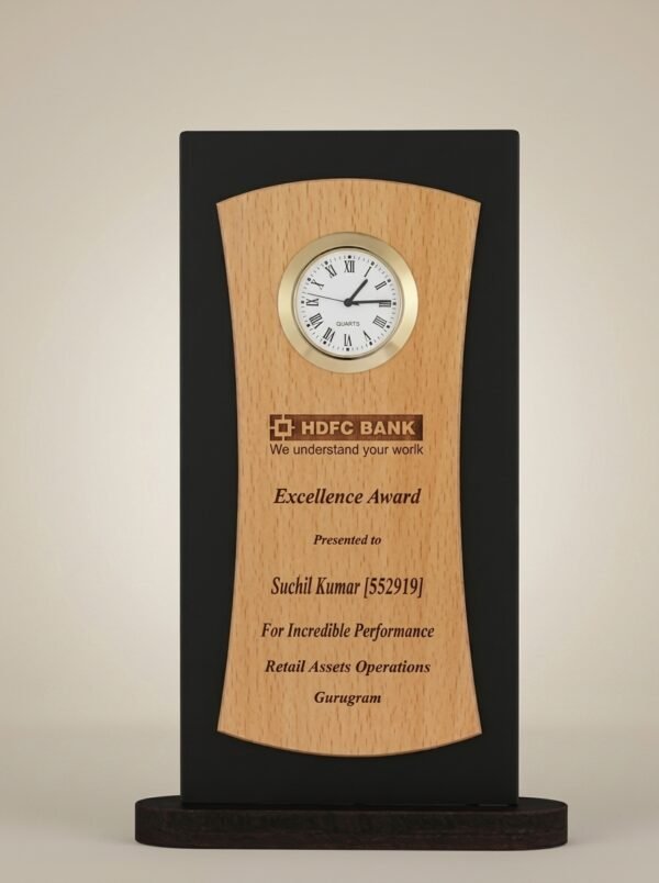 Wooden Excellence Award with Analog Clock – Executive Recognition Plaque