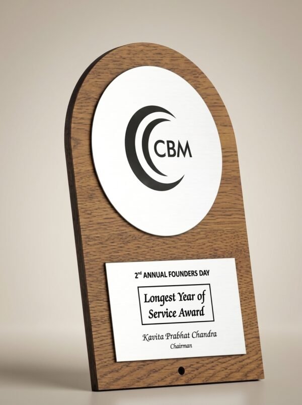 OakArch Legacy Plaque – Rounded Wood Award with Logo Disc & Nameplate