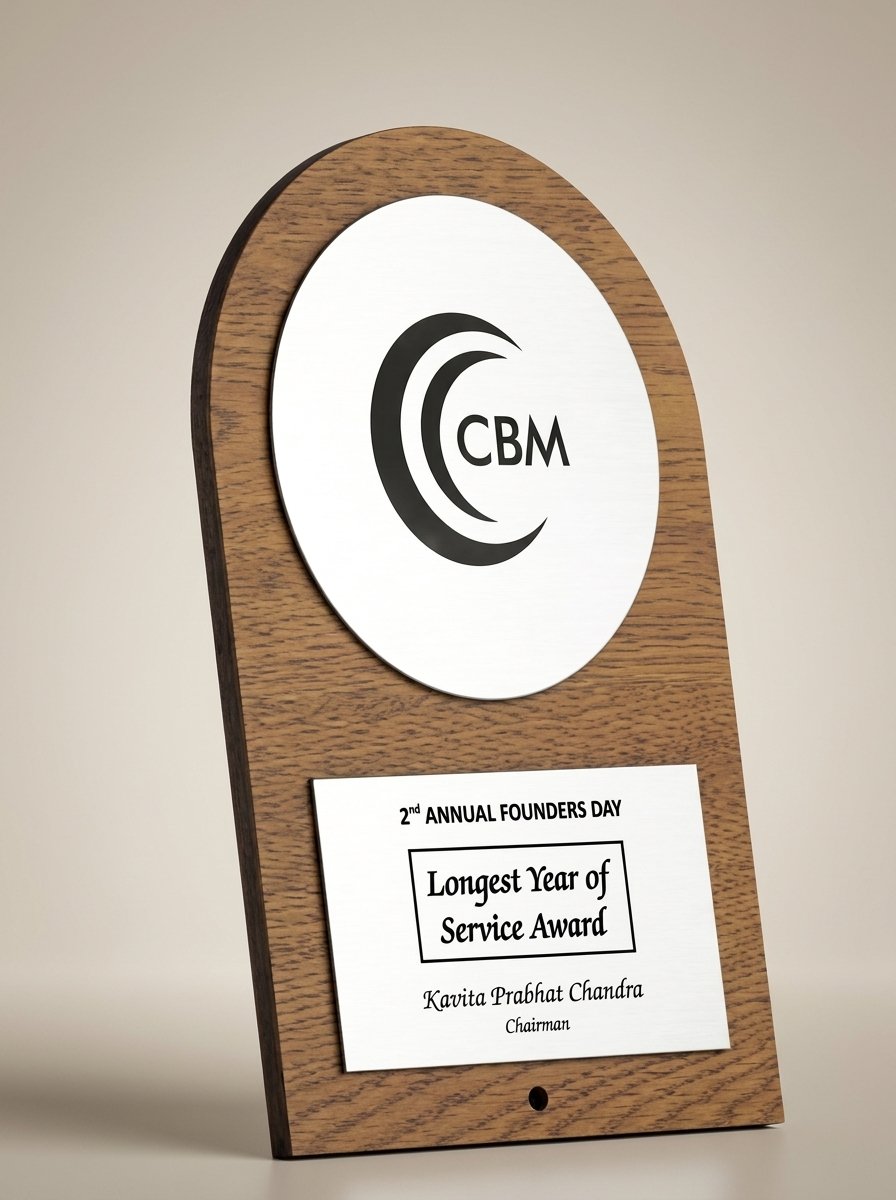 OakArch Legacy Plaque – Rounded Wood Award with Logo Disc & Nameplate